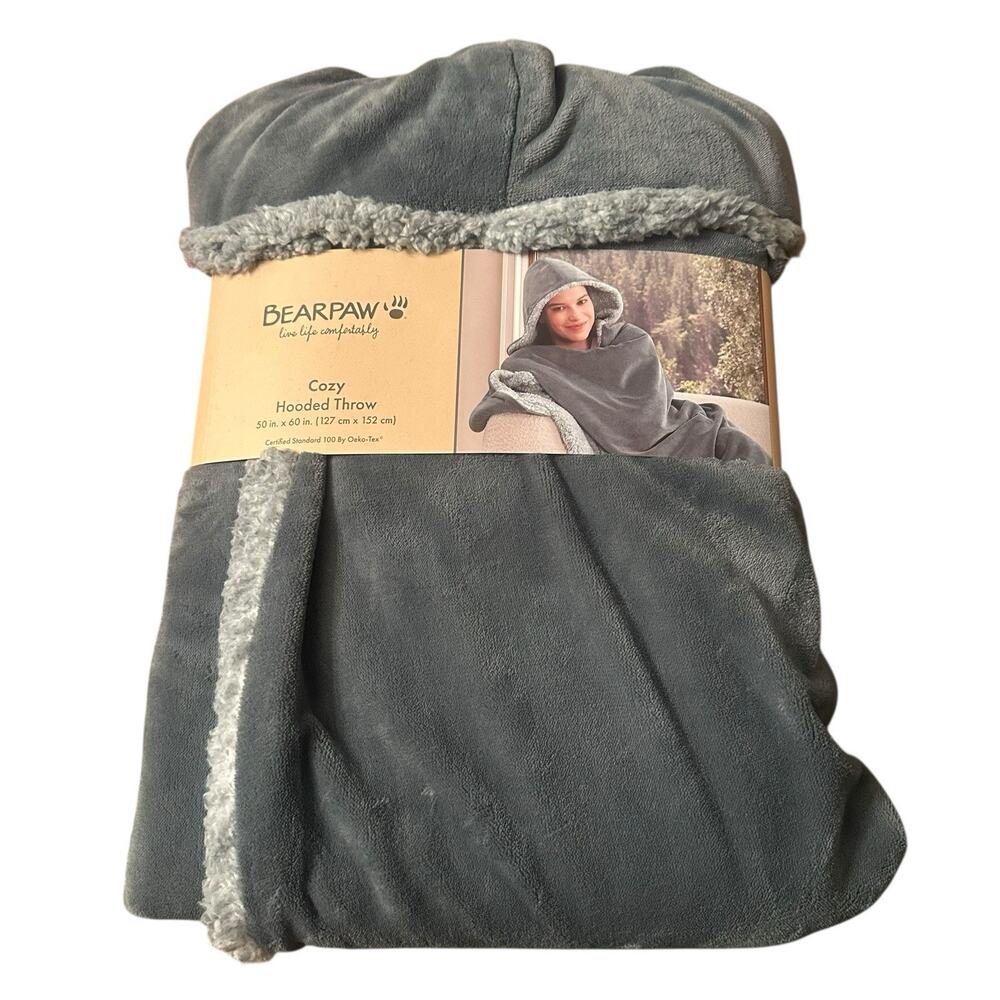 NEW Bearpaw Cozy Hooded Faux Serpa Lined Throw Blanket 50" x 60" Charcoal Gray